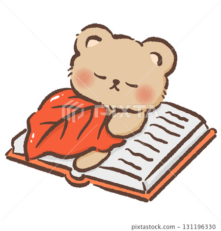 Cute Bear sleeping with a leaf cover on an opened book Cozy Kawaii Illustration for Children Story time Autumn Dessert Design Kids Books Educational Materials Greeting Cards Sticker   131196330