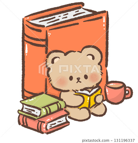 Cute Bear leaning against a giant book with a mug and a pile of books Cozy Kawaii Illustration for Children Story time Autumn Dessert Design Kids Books Educational Materials Greeting Cards Sticker  131196337
