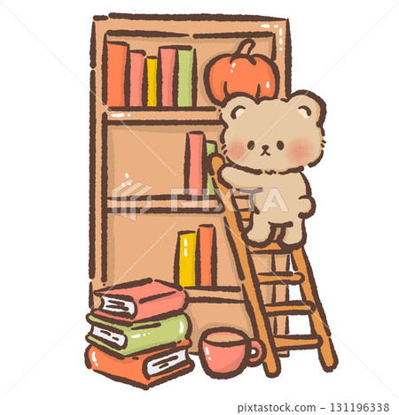 Cute Bear sitting leaning on a ladder against a bookshelf Cozy Kawaii Illustration for Children Story time Autumn Dessert Design Kids Books Educational Materials Greeting Cards Sticker   131196338
