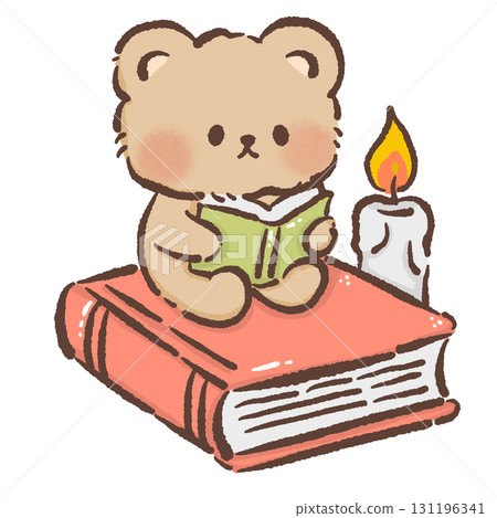 Cute Bear sitting on top of a giant gook reading with candle Cozy Kawaii Illustration for Children Storytime Autumn Dessert Design Kids Books Educational Materials Greeting Cards Sticker  131196341