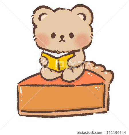 Cute Bear Reading Book Sitting on Slice of Pie Cozy Kawaii Illustration for Children Storytime Autumn Dessert Design Kids Books Educational Materials Greeting Cards Stickers and Party Decor 131196344