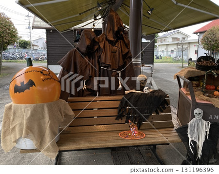 Spooky black objects with pumpkins and skulls Spooky black objects with pumpkins and skulls 131196396