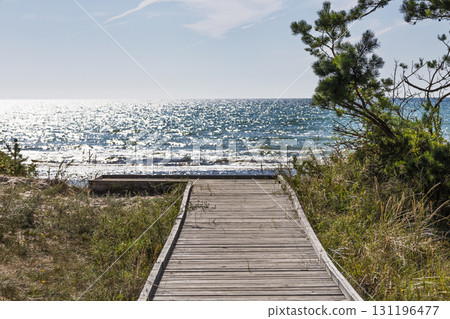 Wooden Boardwalk to Baltic Sea Beach with Dune Grass and Sparkling Sunlit Waves Wooden Boardwalk to Baltic Sea Beach with Dune Grass and Sparkling Sunlit Waves 131196477