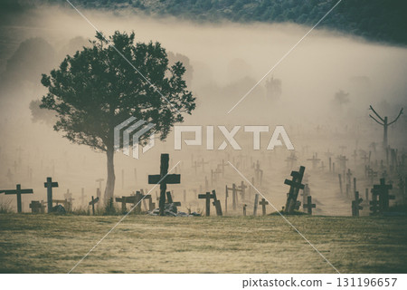 Haze in morning over Sad Hill Cemetery in Burgos, Spain Haze in morning over Sad Hill Cemetery in Burgos, Spain 131196657
