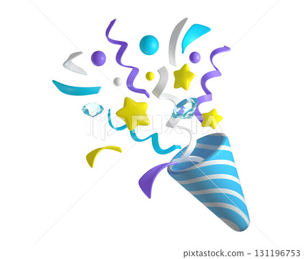 3d Celebratory Popper Explosion with Confetti, Ribbons, and Stars. Blue and white firecracker explodes with serpentine and diamonds for birthday, boy, children, babies. Birthday and anniversary banner 131196753