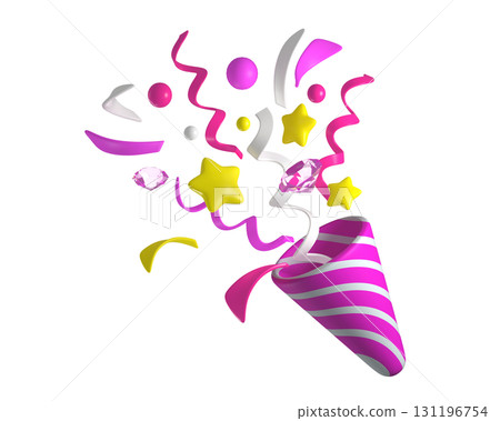3d Celebratory Popper Explosion with Confetti, Ribbons, and Stars. Pink and white firecracker explodes with serpentine and diamonds for birthday, girl, children, babies. Birthday and anniversary banne 131196754