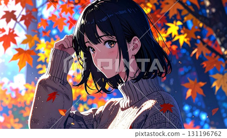 秋葉與凝視妳的女子。 AI 產生的插畫素材。 秋葉與凝視妳的女子。 AI 產生的插畫素材。 131196762