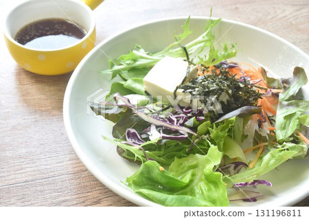 white soft tofu with vegetable dressing Japanese roasted sesame sauce salad on plate 131196811