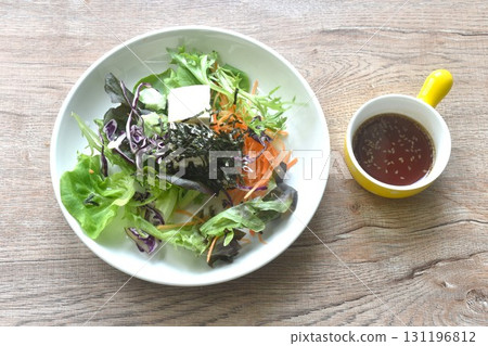 white soft tofu with vegetable dressing Japanese roasted sesame sauce salad on plate 131196812