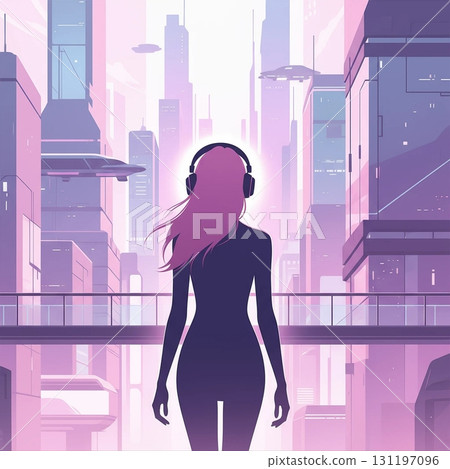 一位戴著耳機的女士走過摩天大樓林立的辦公區 131197096