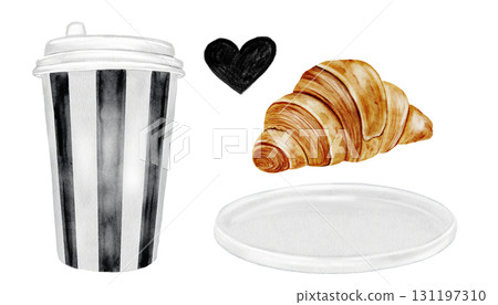 Coffee cup and a croissant watercolor set. Hand drawn two glasses of hot cappuccino on a holder, plate and croissant. Food clip art. Ideal for bakery prints, postcards and pastry shop posters. Coffee cup and a croissant watercolor set. Hand drawn two glasses of hot cappuccino on a holder, plate and croissant. Food clip art. Ideal for bakery prints, postcards and pastry shop posters. 131197310