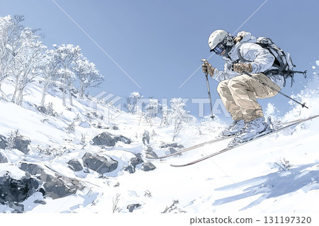 中級滑雪者跳躍後落地的瞬間 131197320