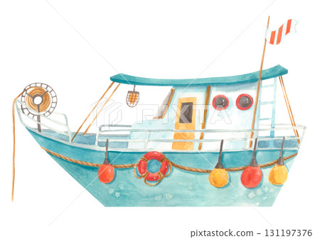 Watercolor fishing boat with buoys and lifebuoy isolated on white. 131197376