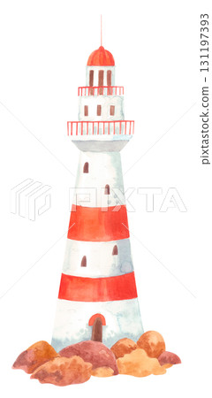 Watercolor red and white lighthouse on rocky shore, isolated illustration. 131197393