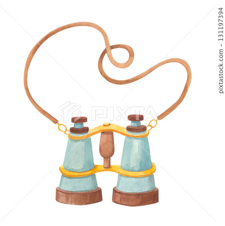 Vintage watercolor binoculars with strap isolated on white. Vintage watercolor binoculars with strap isolated on white. 131197394