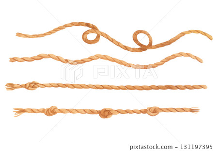 Watercolor rope set. Twisted and knotted nautical cords isolated on white background. 131197395