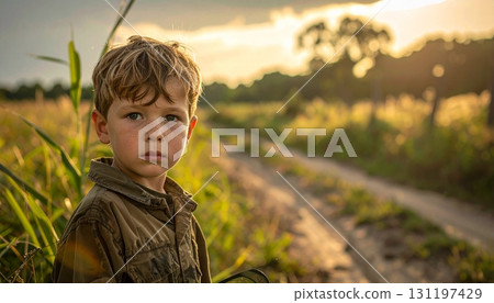 Search continues for missing child in rural landscape during golden hour 131197429