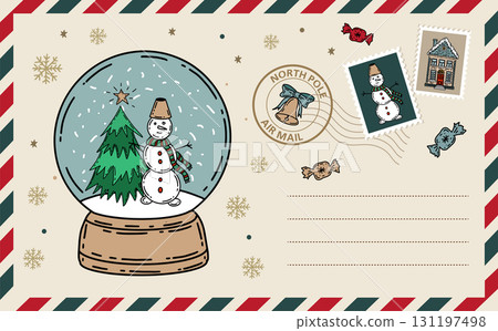 Card with Glass snow globe Christmas, hand drawn illustration.	 131197498