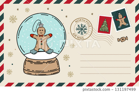 Card with Glass snow globe Christmas, hand drawn illustration. Card with Glass snow globe Christmas, hand drawn illustration. 131197499