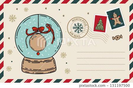 Card with Glass snow globe Christmas, hand drawn illustration. Card with Glass snow globe Christmas, hand drawn illustration. 131197500