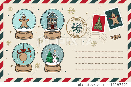 Card with Glass snow globe Christmas, hand drawn illustration. Card with Glass snow globe Christmas, hand drawn illustration. 131197501