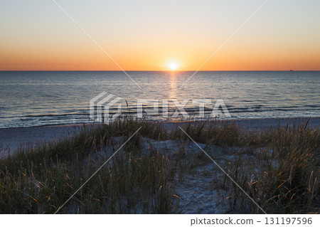 Baltic Sea Sunset over Tranquil Waves and Sandy Dunes with Golden Beach Grass 131197596