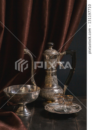 Ancient East metallic crockery - vintage jug for water or tea, a vase for fruit and a plate with oriental decoration 131197710
