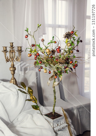 Decorative arrangement of fruits in a stylish room with elegant decor and soft lighting 131197726
