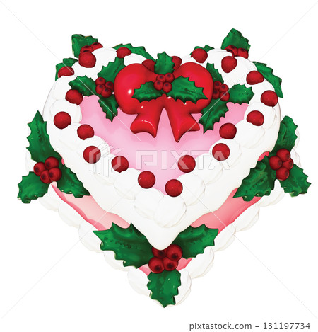 3D Heart-Shaped Christmas Cake with Holly and Berries on Transparent Background 131197734