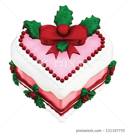 3D Heart-Shaped Christmas Cake with Beaded Border on Transparent Background 131197735