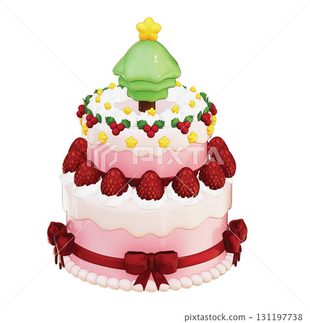 3D Two-Tier Christmas Tree Cake with Strawberries on Transparent Background 131197738