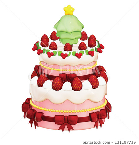3D Two-Tier Christmas Tree Cake with Beaded Border and Ribbons 131197739