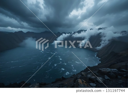 Stormy Crater Lake: Dramatic Volcanic Landscape Stormy Crater Lake: Dramatic Volcanic Landscape 131197744