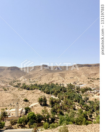 Explore the serene oasis and desert landscape of Tunisia under a clear blue sky with lush palm trees 131197883