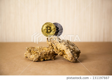 Golden Bitcoin Coin balances on natural stones on light background. Blockchain cryptocurrency, store of value 131197887