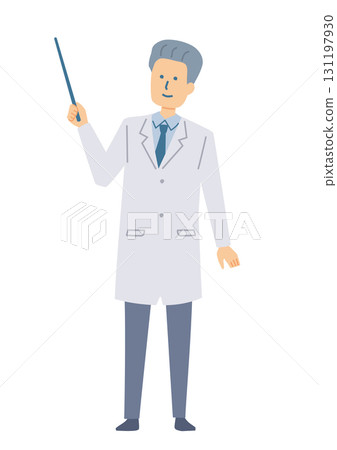 Illustration of a man in a white coat explaining 131197930
