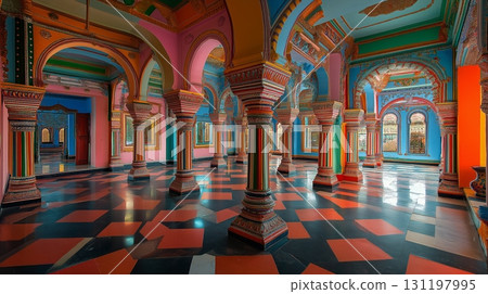 Indian palace interior with colorful walls and intricate archways. 131197995