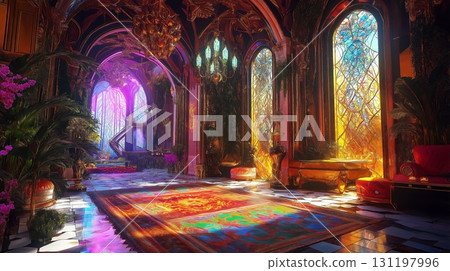 Enchanting ornate gothic cathedral hall with vibrant stained glass windows. Enchanting ornate gothic cathedral hall with vibrant stained glass windows. 131197996
