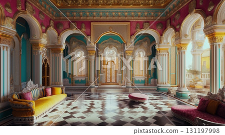 Grand hall with traditional Indian and Moroccan palace decor. Grand hall with traditional Indian and Moroccan palace decor. 131197998