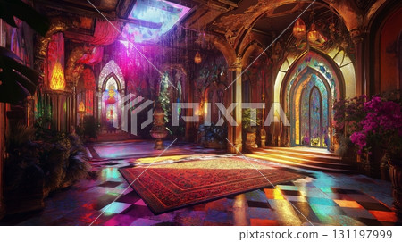 Ornate fantasy hall with gilded arches, a rich rug, and colorful stained glass windows. 131197999