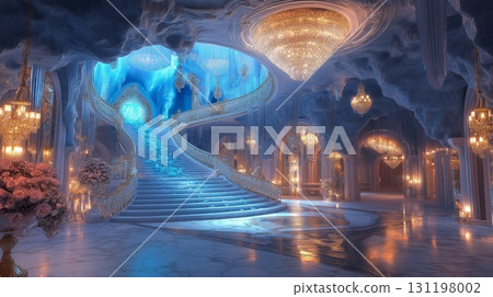 Grand blue ballroom with ornate arches and decorative trees. Fantasy interior design. 131198002