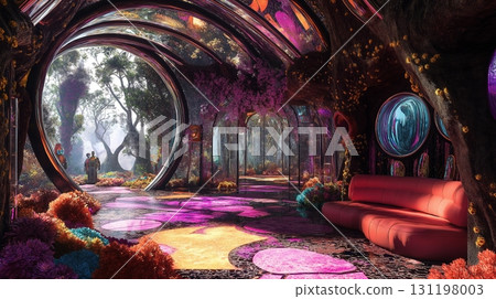 Colorful stained glass windows in a vibrant hall. Fantasy magic palace interior. 131198003