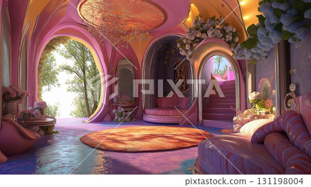 Opulent pink and gold fantasy room with large round window and luxurious furnishings. 131198004