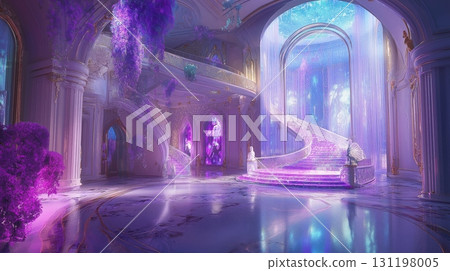 Grand ornate hall with flowing light and luxurious staircase. Magical castle or palace. 131198005