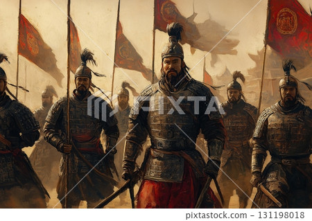 Chinese emperor commands group of soldiers 131198018