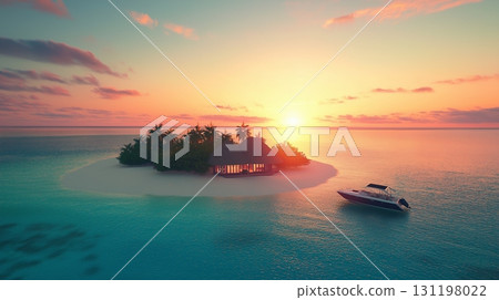 Breathtaking sunset over a tropical beach with a secluded wooden house and lush greenery 131198022