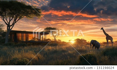 Peaceful safari sunset with a cozy lodge, giraffe, and rhino on the vast savannah. 131198024