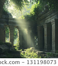 Sunlight filters through ancient ruins showcasing nature's embrace in a serene setting 131198073