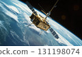 Satellite in orbit above Earth capturing stunning view of blue planet and clouds 131198074