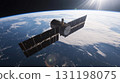 Satellite in orbit above Earth capturing stunning view of blue planet and clouds 131198075